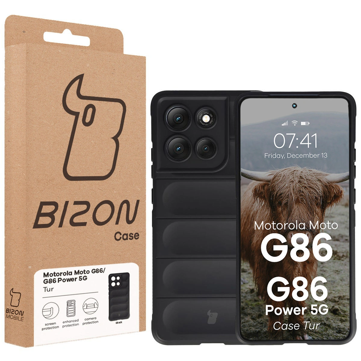 Przód pudełka Bizon Case z dedykowaną etykietą do Motorola Moto G86 5G / G86 Power 5G
